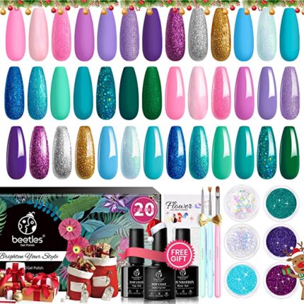 Mermaid 20 Colors Purple Green Blue Gel Polish Starter Kit Soak Off Base Gel Matte Top Coat Nail Brushes Glitter Mermaid Sticker Christmas Decorations Gifts for Women