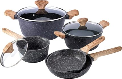 Nonstick Induction Cookware Sets - 8 Piece Nonstick Cast Aluminum Pots and Pans with BAKELITE Handles - Non-Toxic Pots and Pans- Speckled Cream with Light Wood Handles